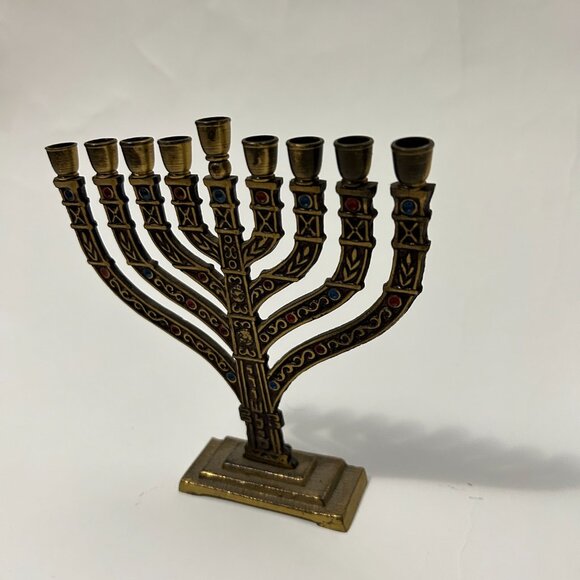 Vintage 1960s Israeli Brass Enamel Menorah-9 Branch Jerusalem Judaica-Ha 6.5"H - Picture 3 of 15